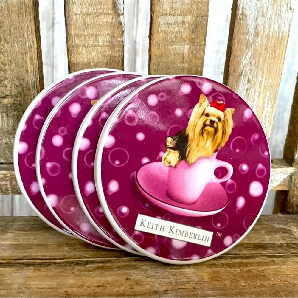 4 Keith Kimberlin Yorkshire Terrier Ceramic Coasters Encore Group New!